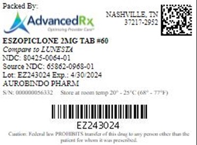 Eszopiclone 2mg Tab Qty 60 NDC 80425-0064.jpg Eszopiclone 2mg Tab Qty 60 NDC 80425 0064